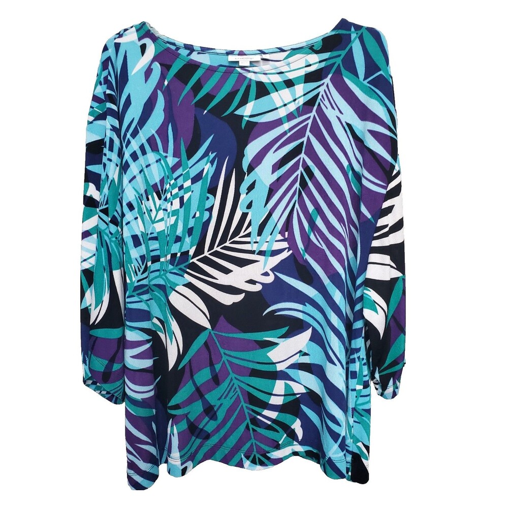 Chico's Travelers Tropical Nights Leaf Print Boat Neck Kimono Sleeve Tunic 3(XL)